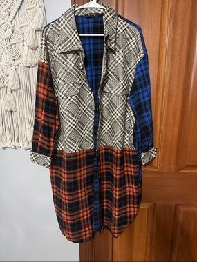 Mixed Plaid Patchwork Flannel in Orange, Blue & Cream